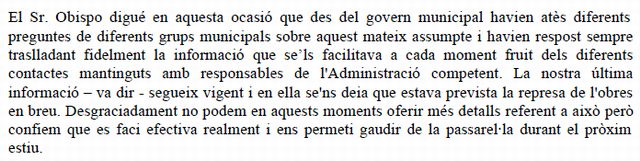 Resposta de l'Equip de Govern de l'Ajuntament de Gav&agrave; al prec del PPC sobre la construcci� del pont sobre la riera dels Canyars a Gav� Mar (26 de Novembre de 2009)